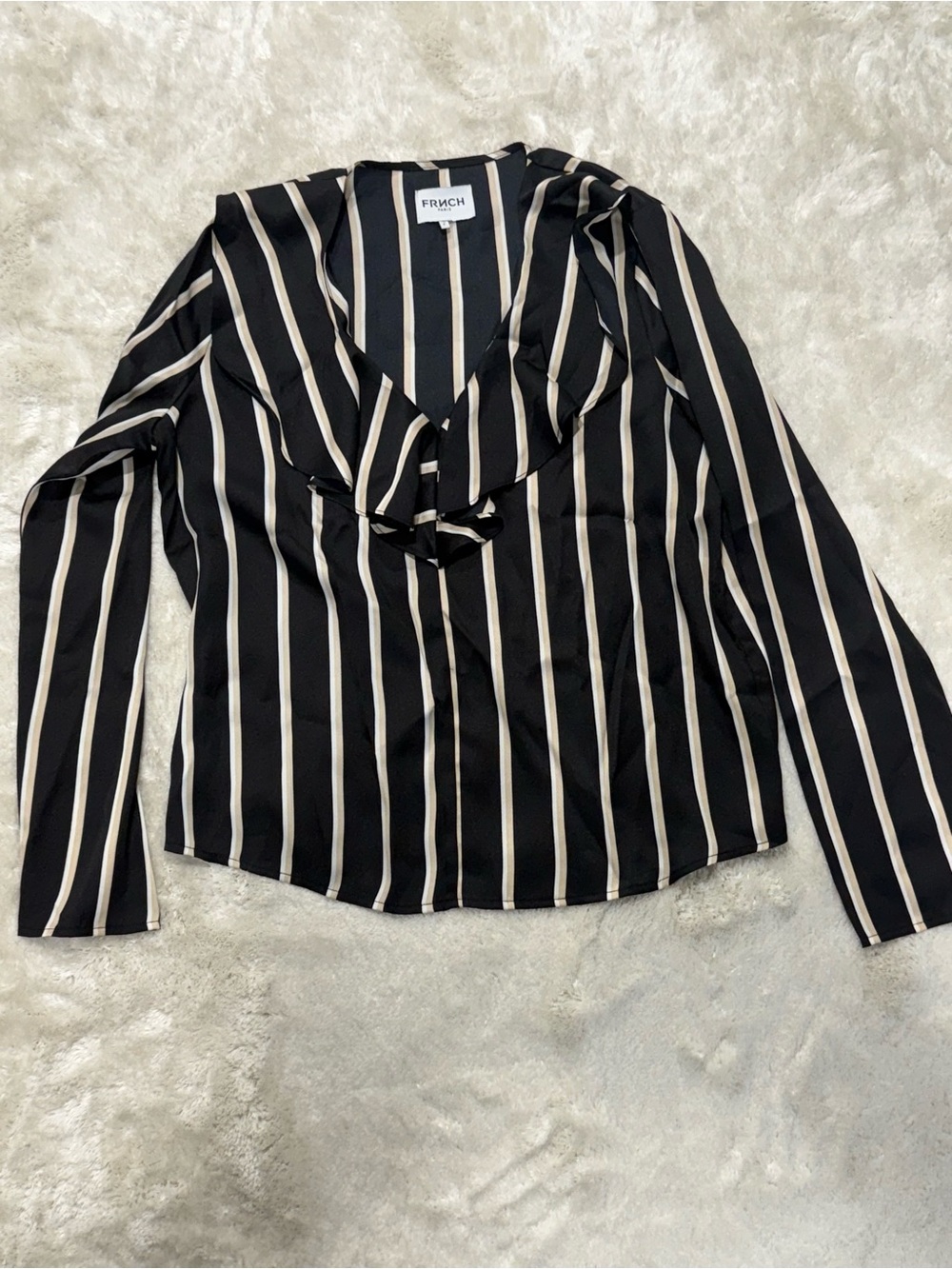 FRNCH Paris Black Beige Vertical Stripe Ruffle V-Neck Long Sleeve Blouse Size S